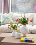 Large Contemporary Ceramic White Vase displayed on coffee table in living room