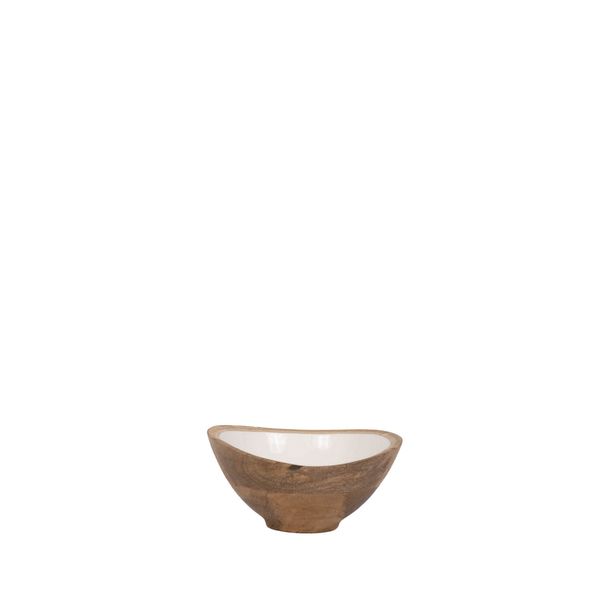 wooden bowl with white enamel interior 