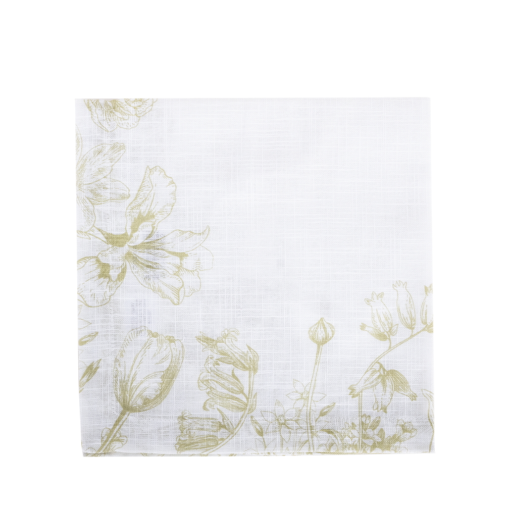 A white cloth napkin with subtle green floral patterns, unfolded.