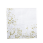 A white cloth napkin with subtle green floral patterns, unfolded.