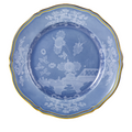 blue plate with transparent white hand painted designs