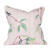 Pink pillow with pale white stripes and pink branches with green fronds and little birds