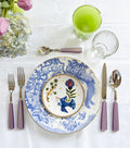 Royal Crown Derby Blue Aves Dinner Plate styled with accent plate, flatware and glassware