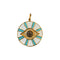 gold charm with black and white evil eye in the middle surrounded by white and blue rays 