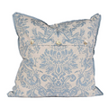 Back of throw pillow with Throw pillow with Blue anthemion Print and mother of pearl buttons