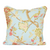 background robin egg blue with branches and muted floral. bird sitting on branch. front of pillow