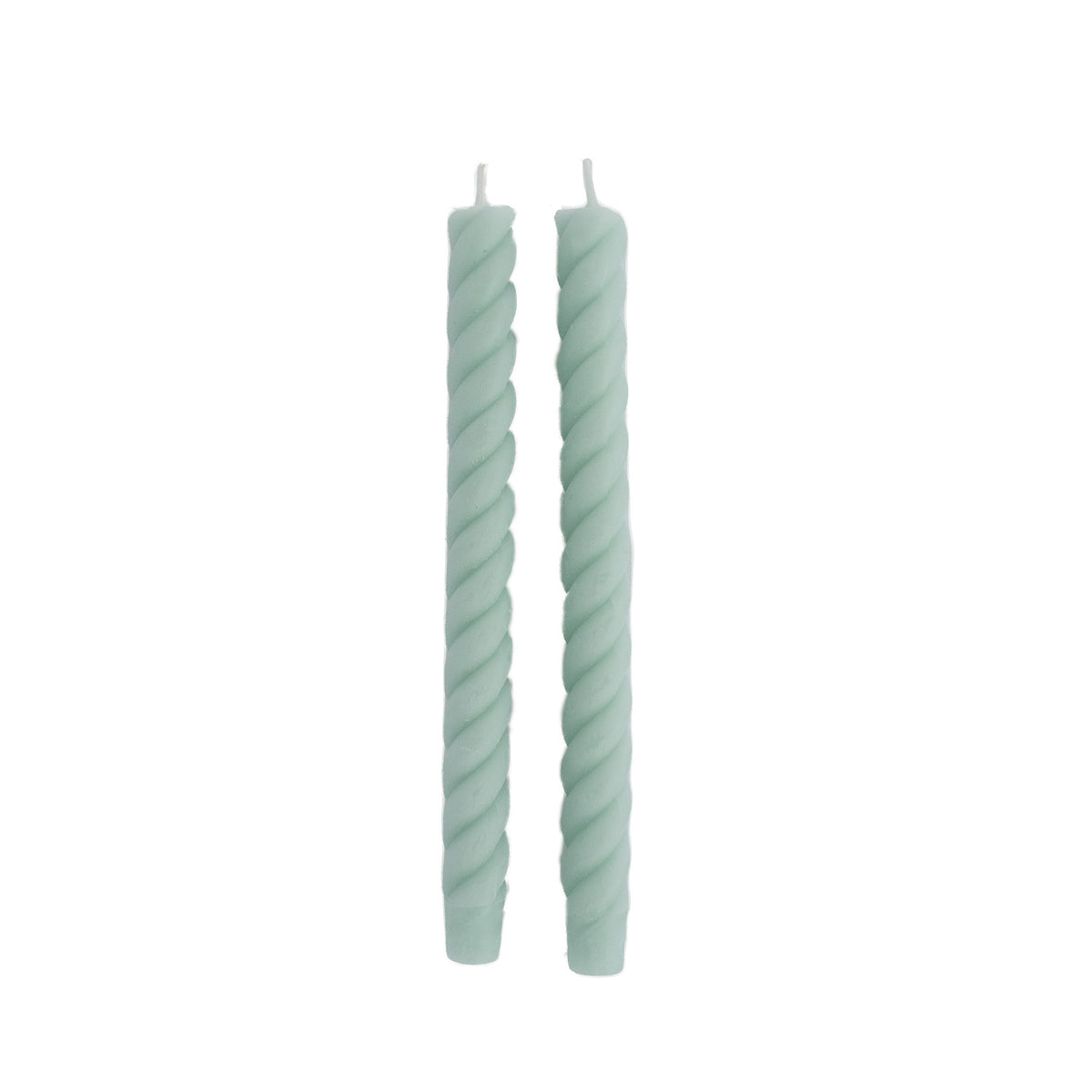 two light blue swirled taper candles