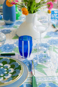 Blue and White Striped Tumbler styled on tabletop with place setting