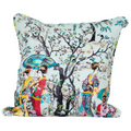 Turquoise background with tree with cherry blossoms and 3 asian women in kimonos with an umbrella. front of pillow