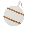 White Round Wooden Charcuterie Board with Handle and two brown wooden stripes down the center 