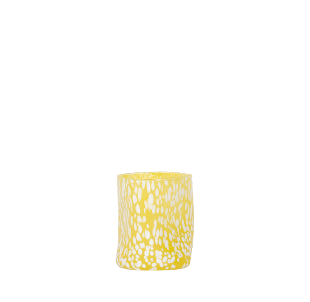 organically shaped glass, yellow with white speckled pattern